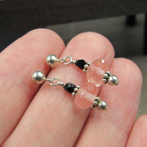 Sterling Silver Cut Peach Glass Earrings Vintage - Picture 2 of 6